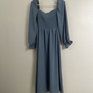 Blue Long Sleeve Smocked Top Flowy Dress